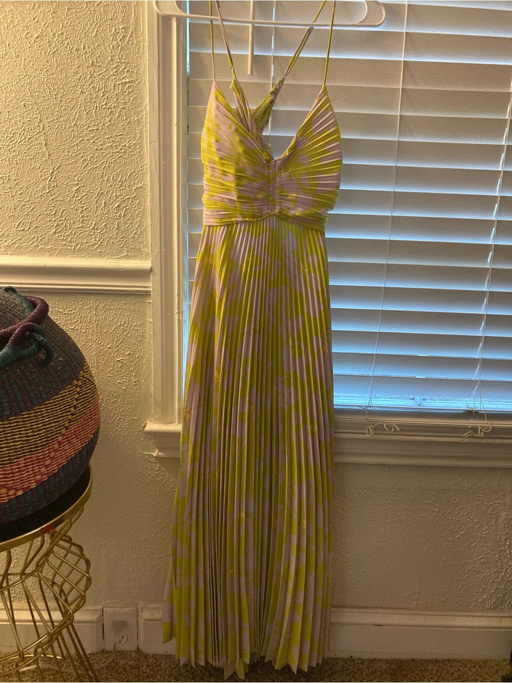 Astr Pleated V-Neck Maxi Dress in Lime and Lavender